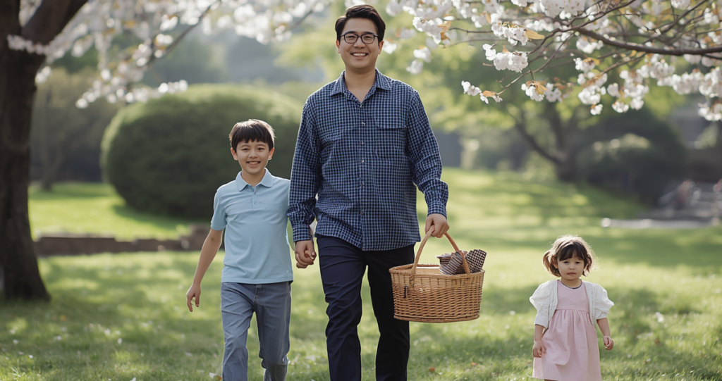 子どもたちと笑顔で歩く男性